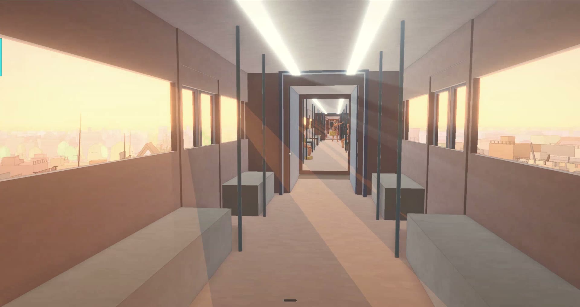 A 3D museum interior with mannequin figures at sunset, from the Metro Museum build