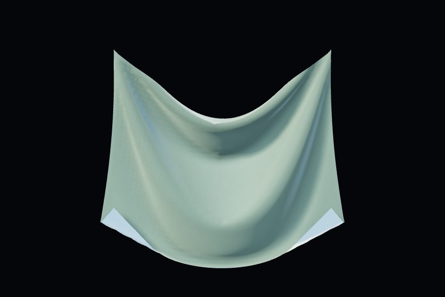 A mint sheet of cloth hanging in the dark, folded by unseen fingertips