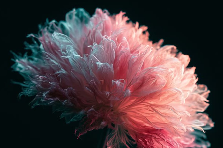 A pink chrysanthemum in full bloom against near-black
