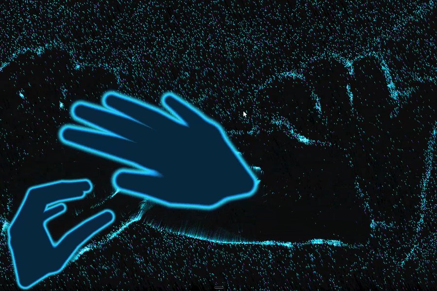 Two glowing blue hand silhouettes in a field of cyan algae, the algae swept into wakes around them