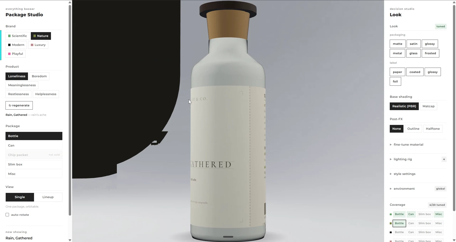A generated product in the Package Studio: a cream bottle with a cork cap, labelled Gathered